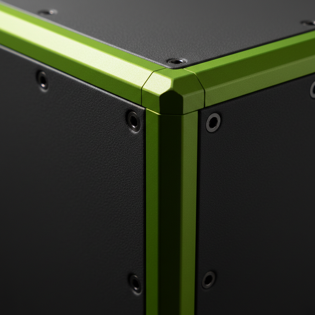 Powder-coated aluminium enclosure detail in dark grey and Voltra green
