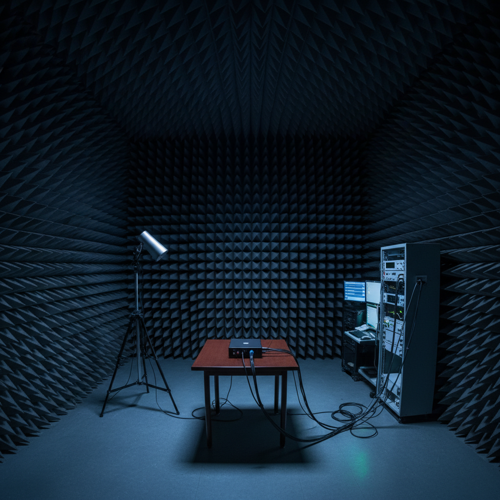 EMC test chamber with RF absorber lining and measurement antenna